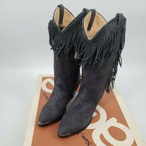 Acme 1990 Women’s Fringe Western Boots 7M Silver Toe Tip Suede Charcoal Gray NWT